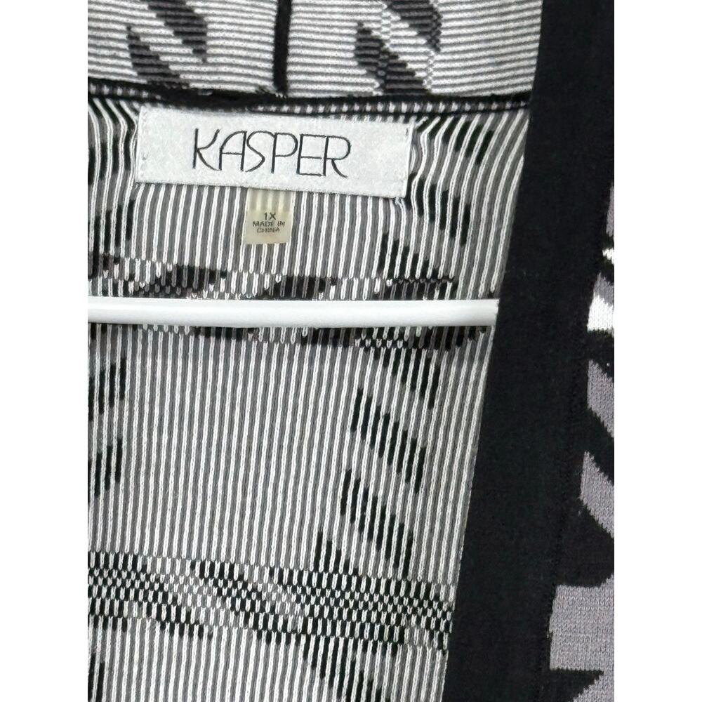 Kasper 1X Open Front Long Cardigan | Black Gray White Plaid Knit - Picture 2 of 3